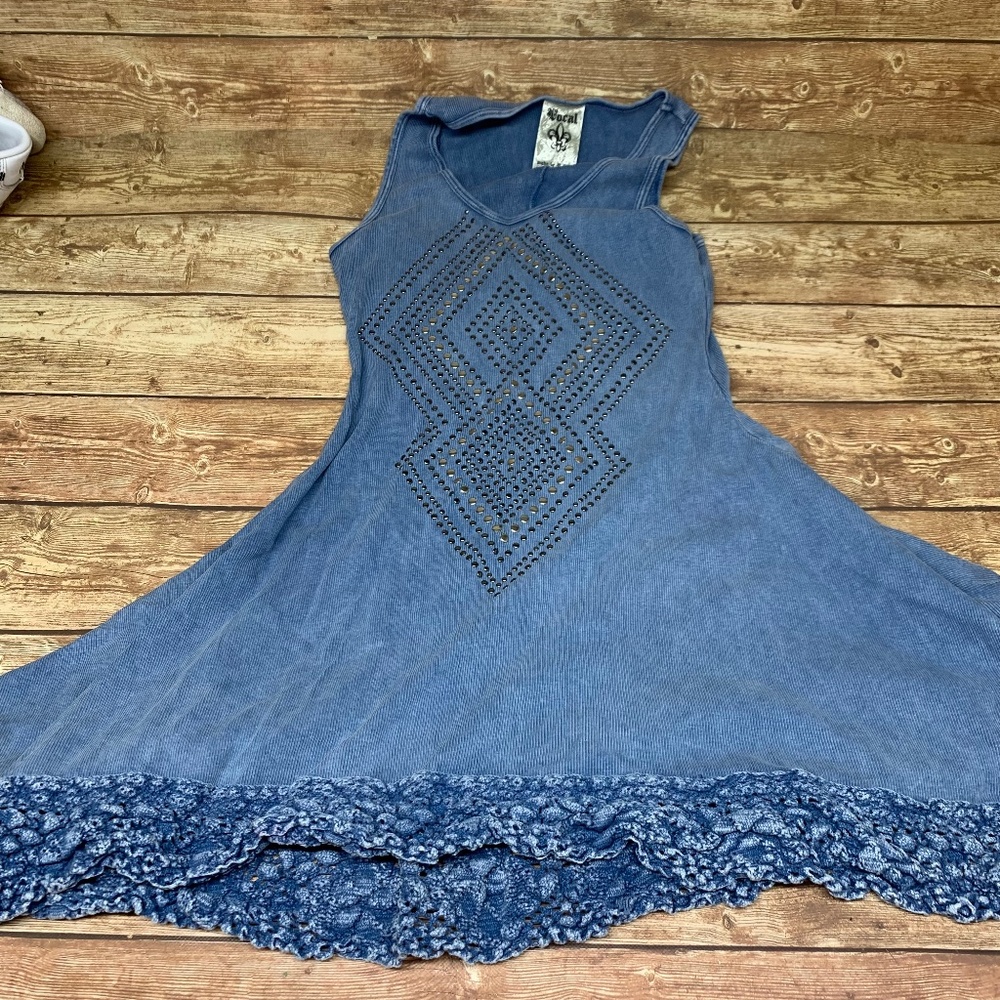 Vocal Blue Sleeveless Eyelet & Lace Hem Dress